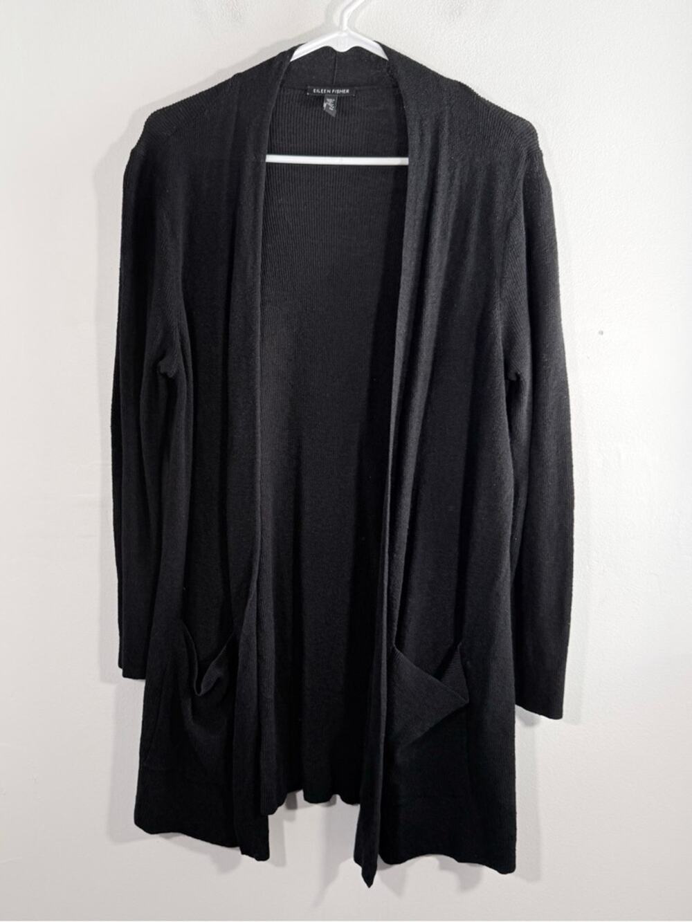 Eileen Fisher Black Linen Open Front Lightweight Knit Cardigan Pockets Small